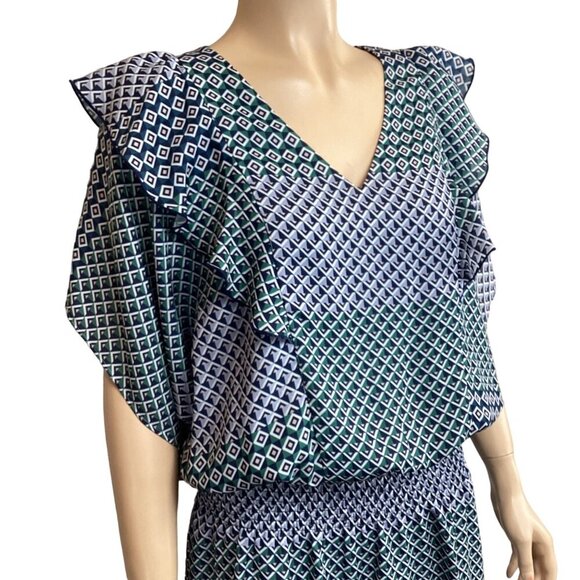 Parker Geometric Print VNeck Ruffle Sleeve Dress Medium Mini Dress Stretch Waist - Picture 5 of 9